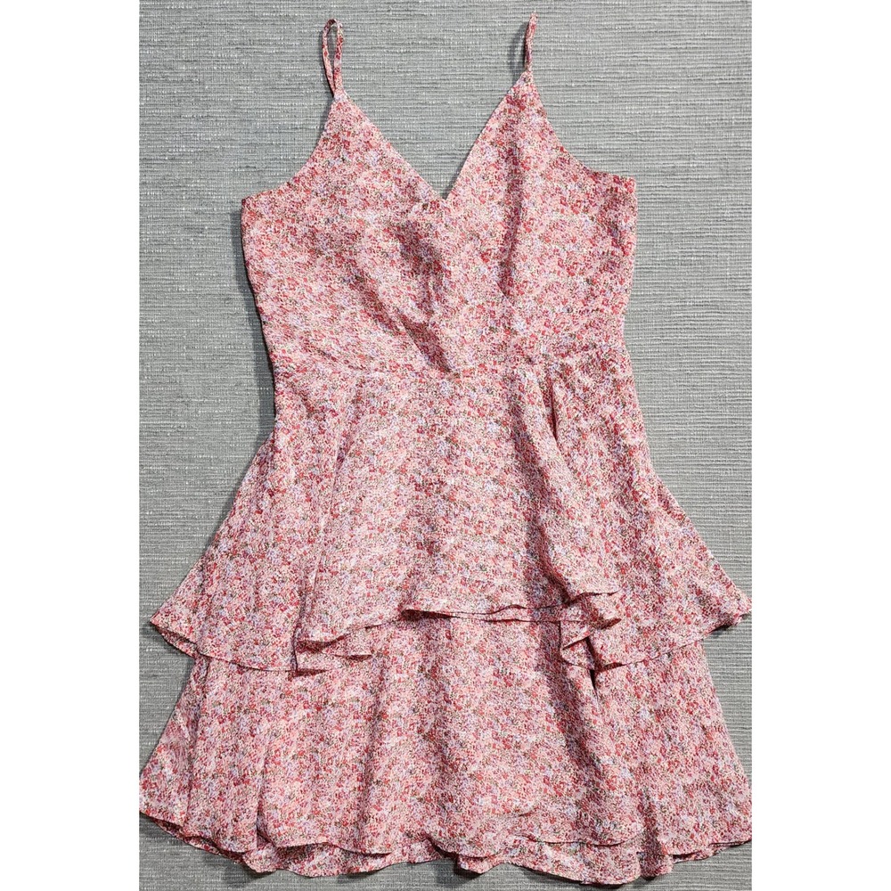 Skies Are Blue Pink Floral Tiered Ruffle Mini Dress Metallic Stripe Small